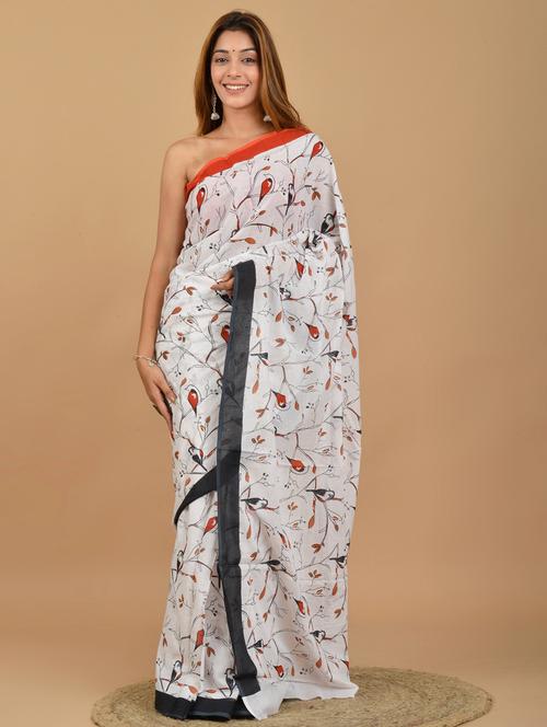 white printed saree with blouse - 20313710 - Very Small Image - 1
