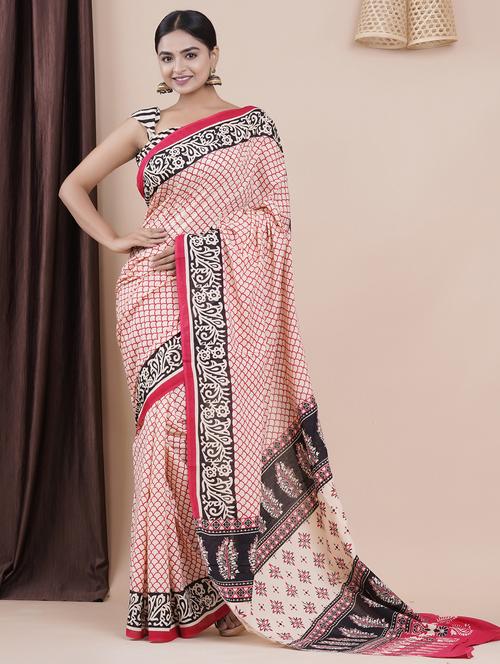 cream printed saree with blouse - 20313724 - Very Small Image - 1