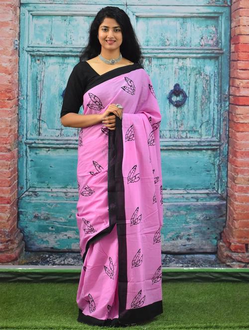 pink block printed saree with blouse - 20313877 - Very Small Image - 1