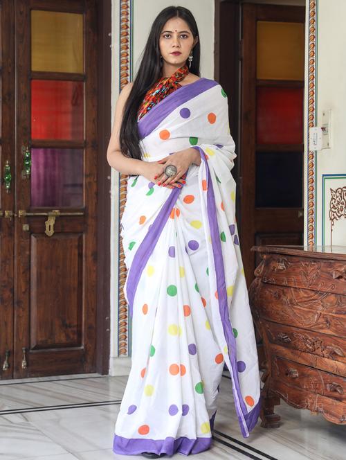 white polka dot printed saree with blouse - 20313985 - Very Small Image - 1