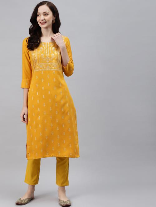 women mustard round neck kurta pant set  - 20314497 - Very Small Image - 1