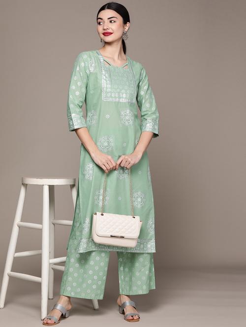 women green square neck kurta palazzo set - 20314499 - Very Small Image - 1