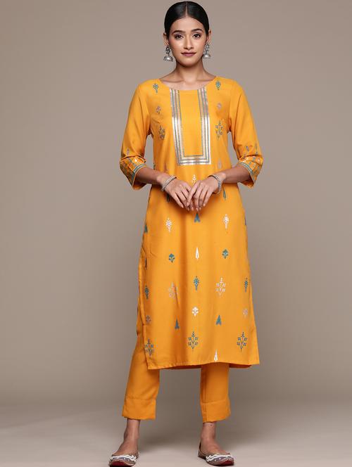women mustard round neck kurta pant set  - 20314552 - Very Small Image - 1