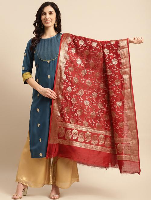 red cotton blend dupatta - 20315834 - Very Small Image - 1