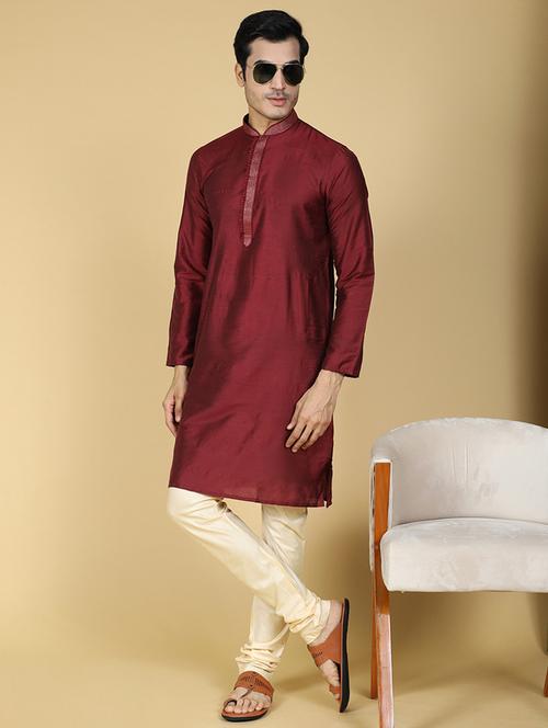 men white silk blend long kurta  - 20315980 - Very Small Image - 1