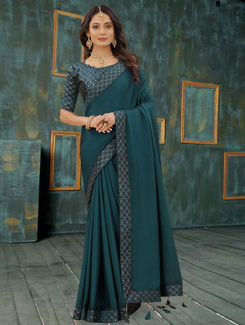 teal colored bordered  saree with blouse - 20317320 - Very Small Image - 1