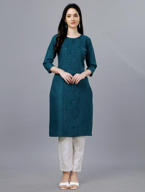 teal cotton straight kurta - 20317970 - Very Small Image - 1