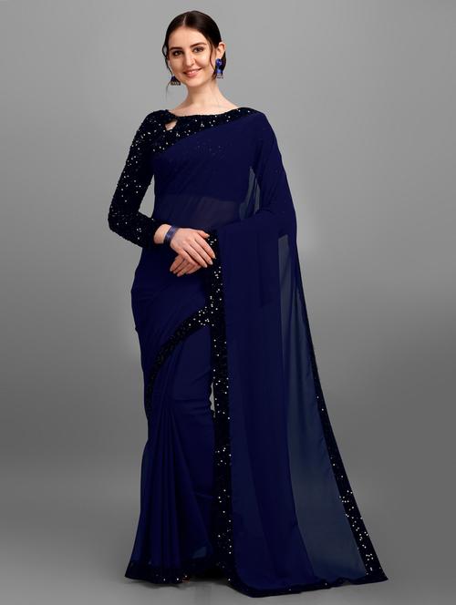 navy blue colored bordered  saree with blouse - 20318561 - Very Small Image - 1