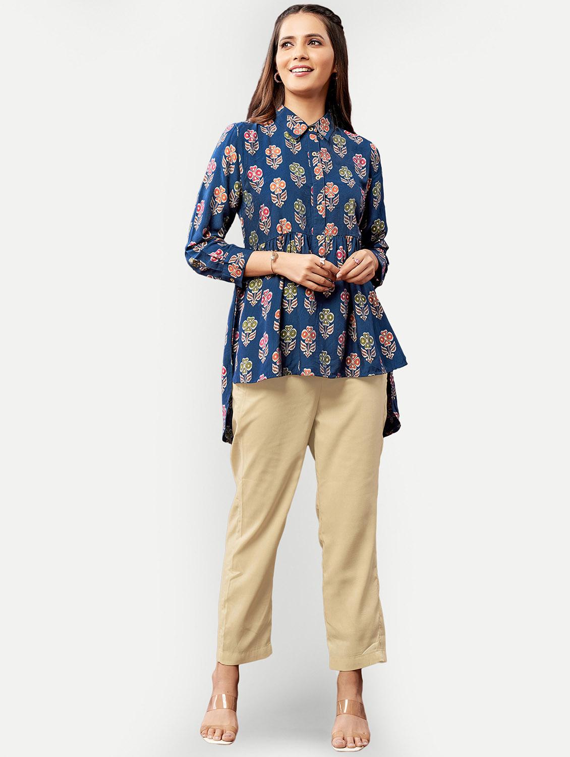blue printed high low tunic - 20318997 - Standard Image - 3