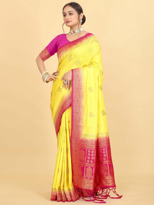 yellow colored banarasi  saree with blouse - 20319142 - Very Small Image - 1