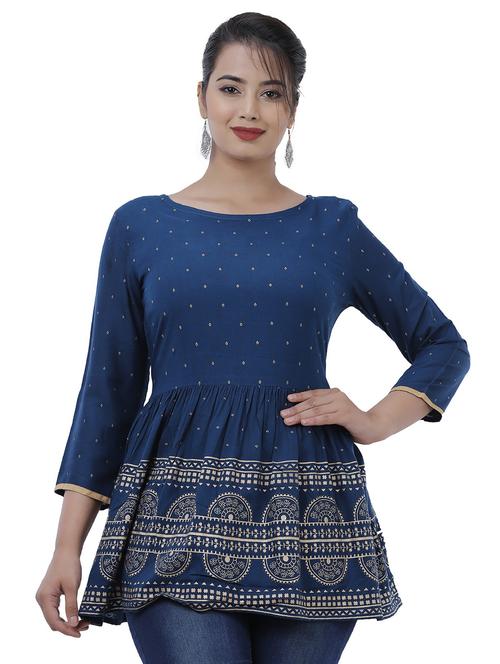 blue foil print flared tunic - 20319371 - Very Small Image - 1