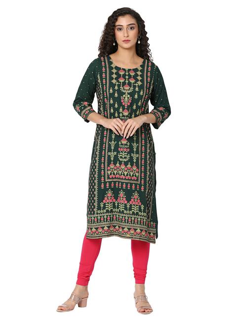 bottle green three quarter sleeve straight kurta - 20319675 - Very Small Image - 1