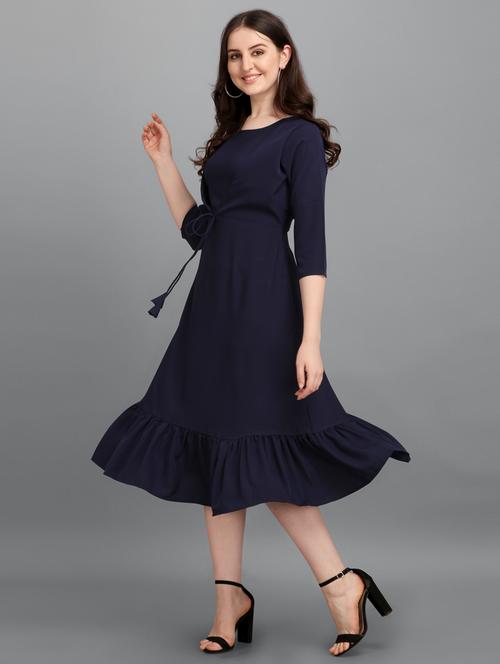 navy blue solid fit & flare ruffled hem dress - 20319813 - Very Small Image - 1