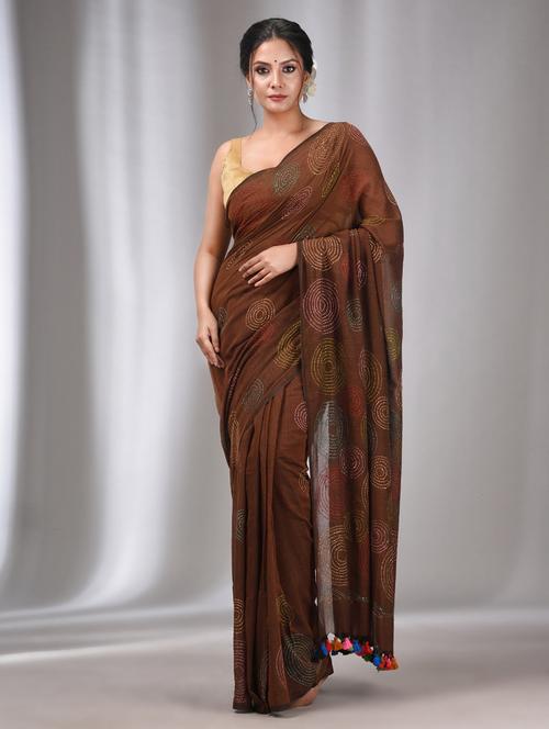women's solid with work brown colored saree with blouse - 20322425 - Very Small Image - 1