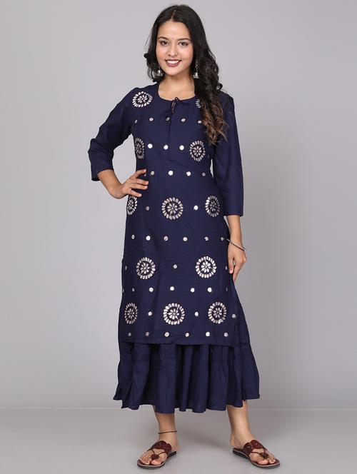 women navy blue key hole neck kurta skirt set - 20322690 - Very Small Image - 1