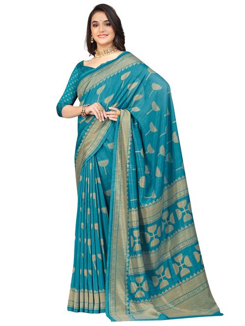 women's printed turquoise colored saree with blouse - 20324849 - Very Small Image - 1