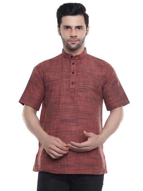 Men Rust Orange Self Design Cotton Short Kurta - 20329810 - Very Small Image - 1