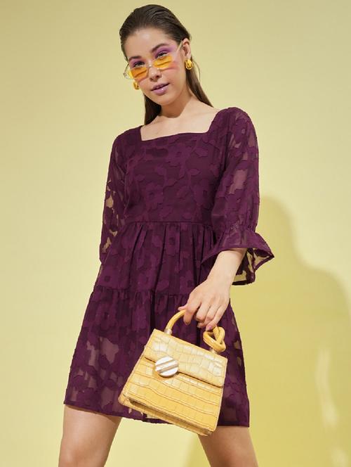 purple self design fit & flare dress - 20334647 - Very Small Image - 1
