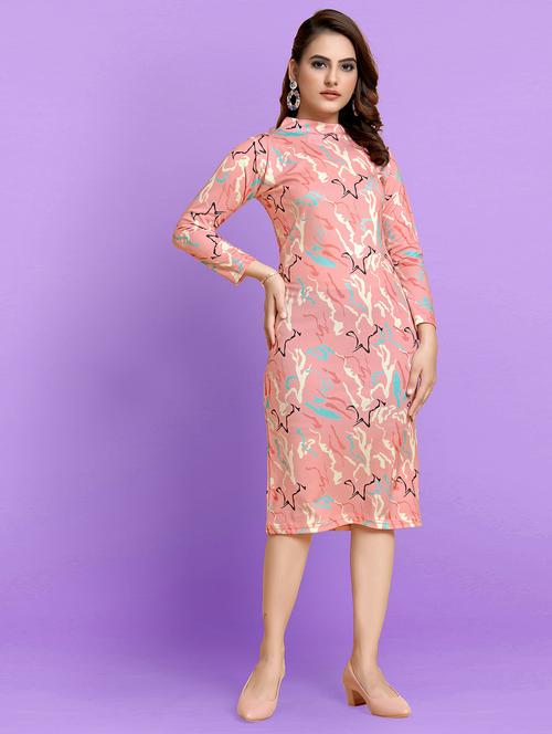 peach printed mock neck sheath dress - 20334669 - Very Small Image - 1