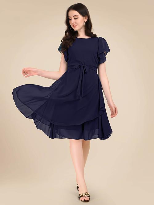 navy blue solid flute sleeves fit & flare dress - 20334706 - Very Small Image - 1