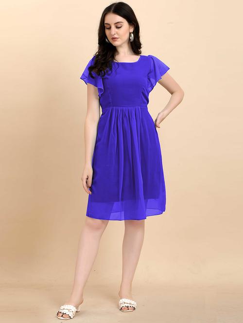 blue solid flute sleeves a-line dress - 20334799 - Very Small Image - 1