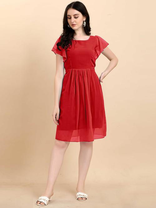 red solid flute sleeves a-line dress - 20334801 - Very Small Image - 1
