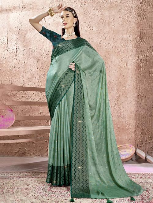 sea green colored printed  saree with blouse - 20335032 - Very Small Image - 1