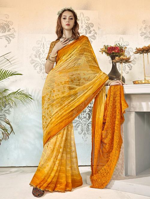yellow colored printed  saree with blouse - 20335122 - Very Small Image - 1