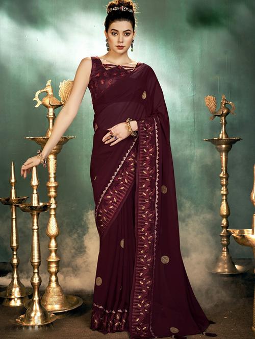 burgundy colored bordered  saree with blouse - 20335310 - Very Small Image - 1