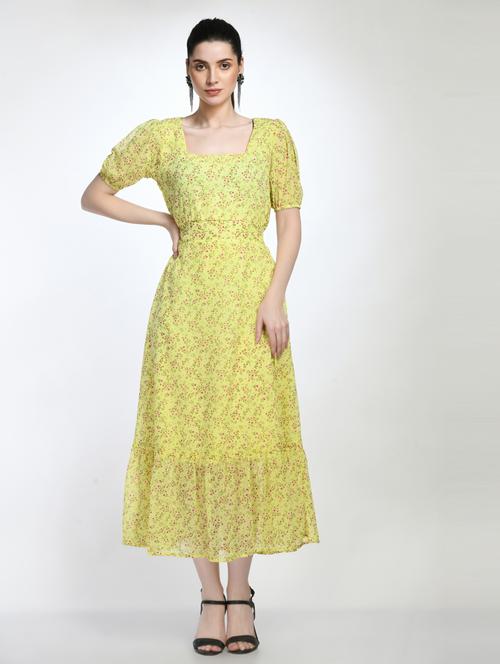 yellow floral print puff sleeves a-line dress - 20341023 - Very Small Image - 1