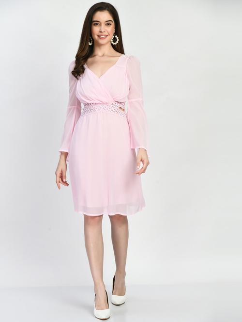 pink solid bell sleeves a-line dress - 20341037 - Very Small Image - 1