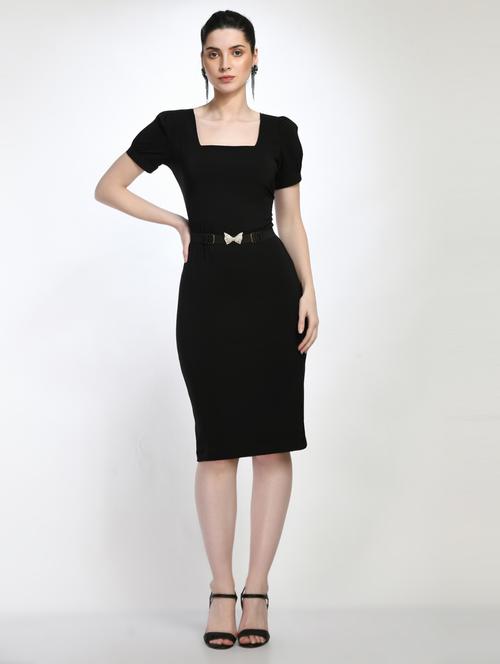 black solid puff sleeves bodycon dress - 20341047 - Very Small Image - 1