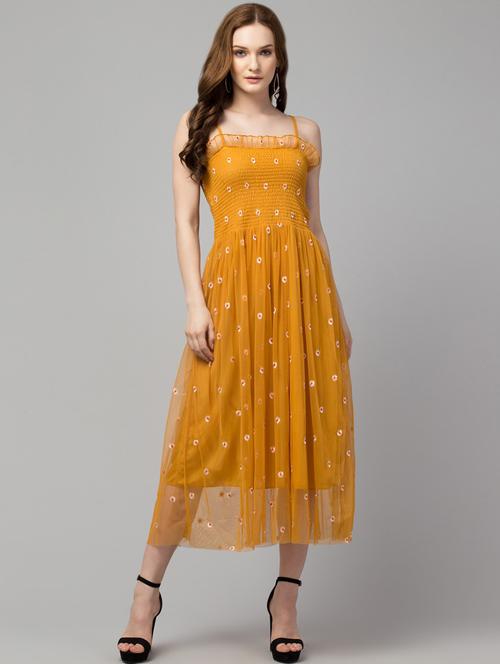 women mustard embroidered shoulder strap dress - 20341061 - Very Small Image - 1