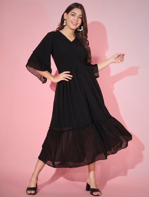 black solid fit & flare dress - 20342225 - Very Small Image - 1