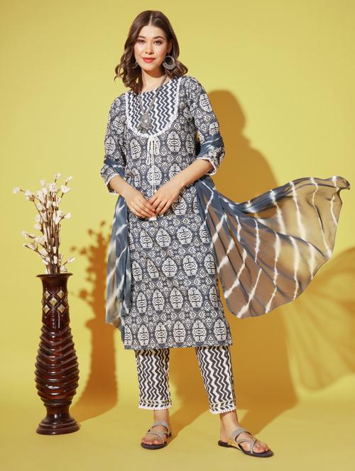 grey three quarter sleeve kurta pant set - 20342311 - Very Small Image - 1