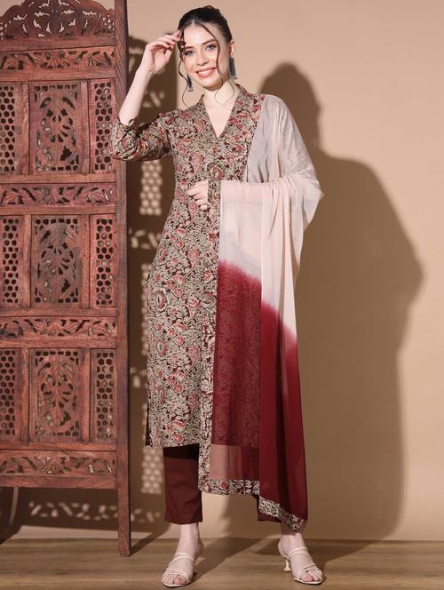 red three quarter sleeve kurta pant set - 20342316 - Very Small Image - 1