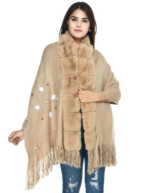 women self design beige embellished pashmina shawl - 20343808 - Very Small Image - 1