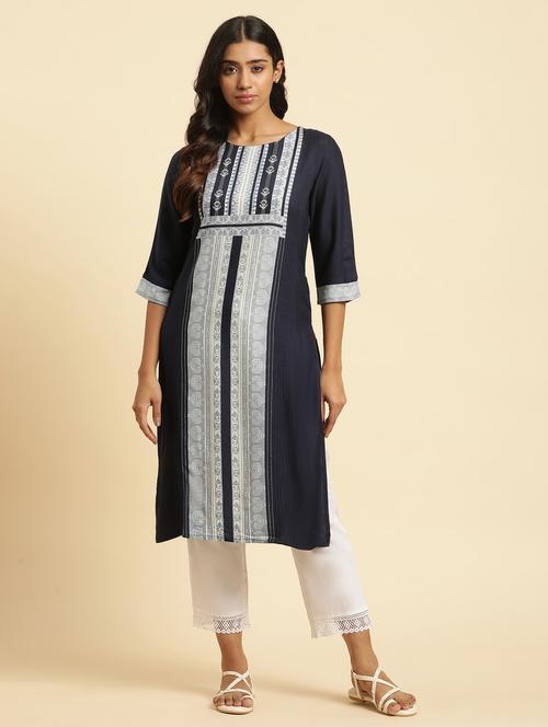 women white & black rayon straight kurta - 20344285 - Very Small Image - 1