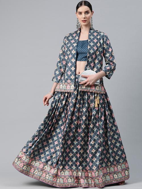 teal printed flared stitched lehenga with jacket - 20345267 - Very Small Image - 1