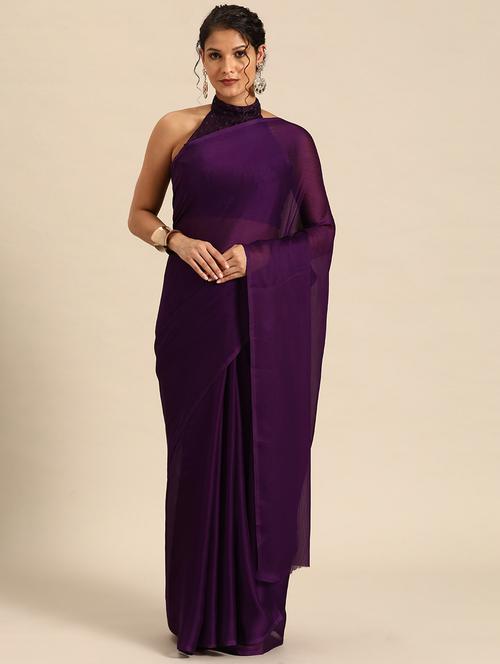 women's solid purple colored saree with blouse - 20348434 - Very Small Image - 1