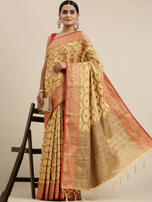 women's self design cream colored saree with blouse - 20348495 - Very Small Image - 1