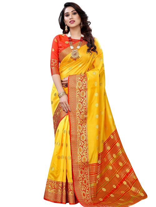 yellow colored banarasi  saree with blouse - 20349322 - Very Small Image - 1