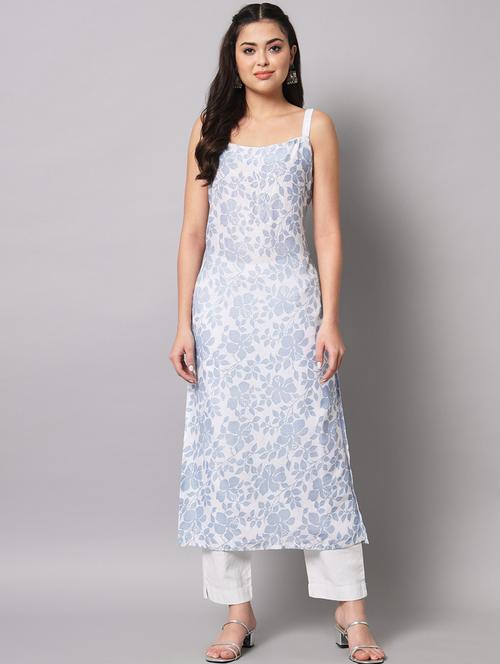 white floral print shoulder strap straight kurta - 20349964 - Very Small Image - 1