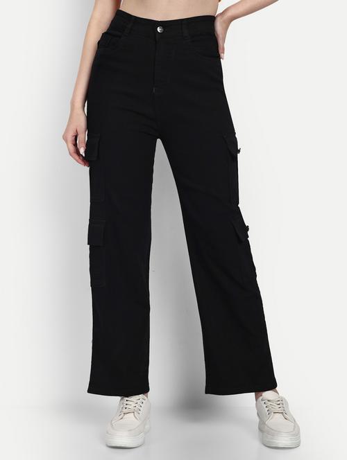 women black plain cargo jeans - 20350112 - Very Small Image - 1
