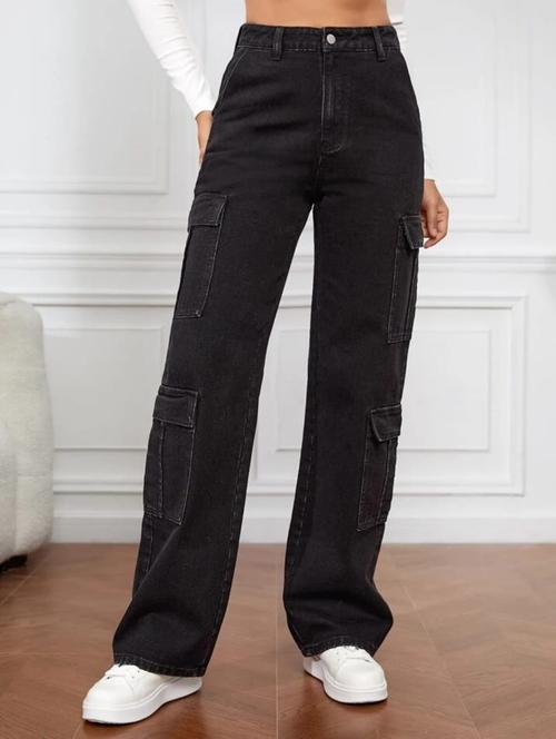 women plain black cargos - 20350122 - Very Small Image - 1