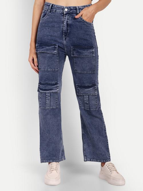 women plain blue cargos - 20350140 - Very Small Image - 1