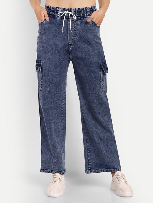 women plain blue cargos - 20350154 - Very Small Image - 1