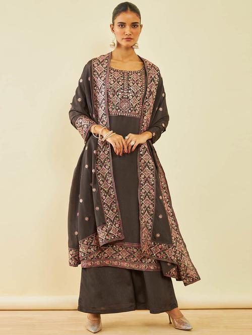 women grey kurta palazzo set with dupatta - 20354983 - Very Small Image - 1