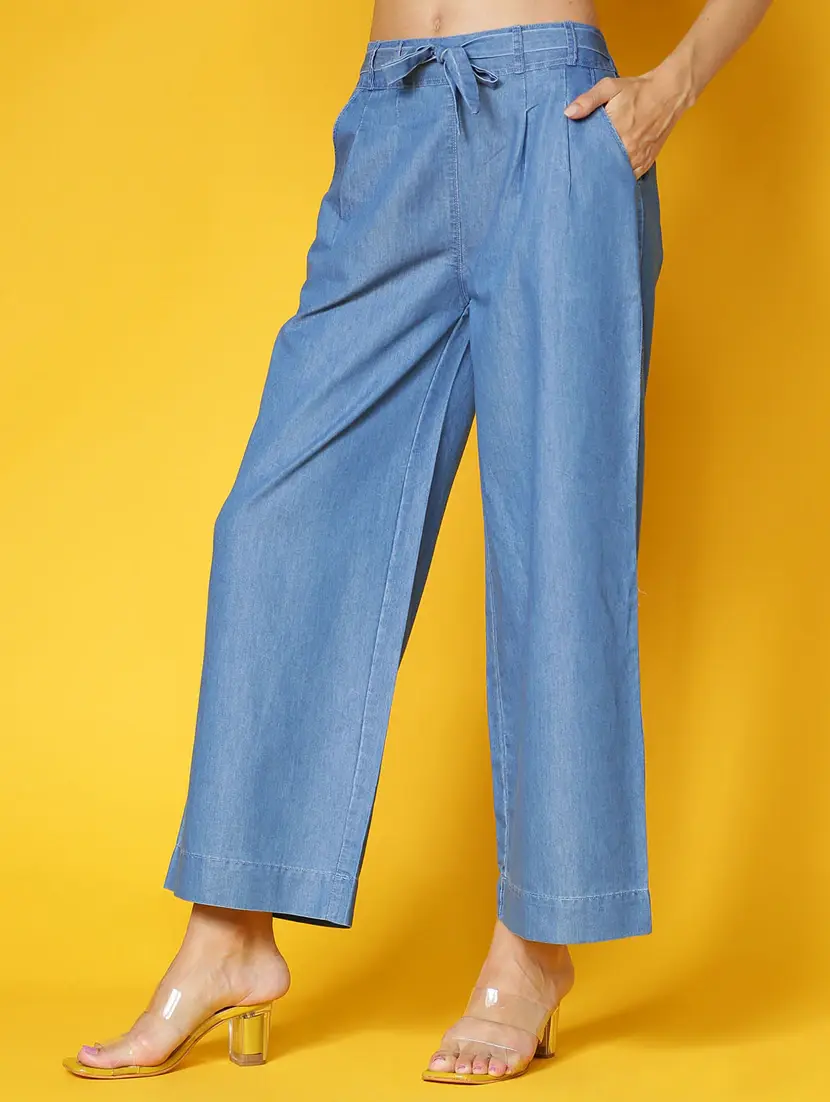 women solid light blue wide leg trouser - 20355133 - Standard Image - 2