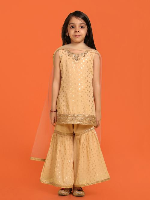 beige solid with work kurta sharara set - 20357213 - Very Small Image - 1